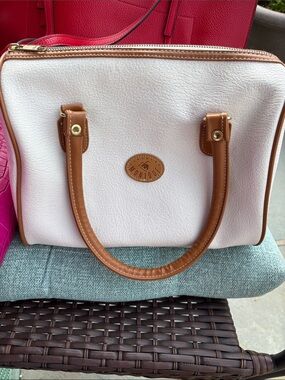 Monique White Satchel with Tan Trim and Handles Handbag